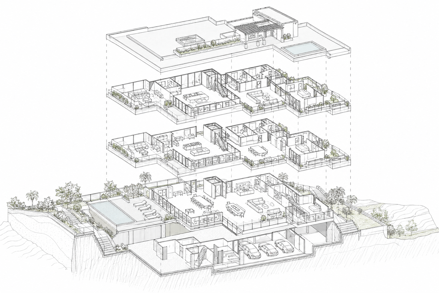 Exploded axonometric drawing of a multi-level hillside villa, showing the roof terrace, living floors, ground level with pool, and basement parking.